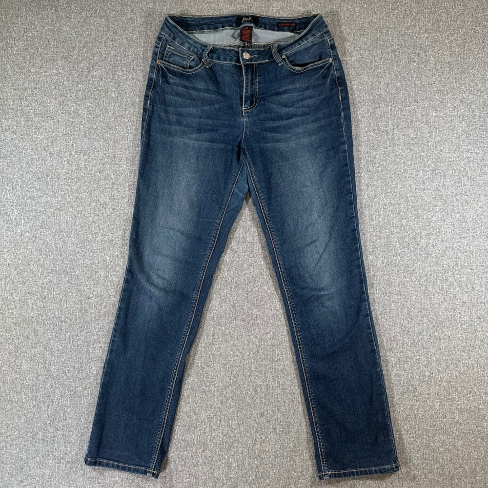 Earl Jean Womens Straight Cuff Jeans Size 12 Dark Wash Blue Stretch‎ Denim Pants